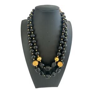 VTG‎ Liz Claiborne Black Graduated Bead Necklace Gold Tone Crest Signed 2 Strand